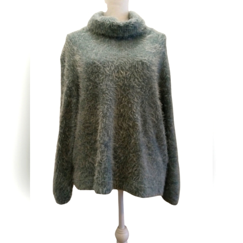 Eyelash blue fuzzy sweater Balloon Long Sleeves with Cowl Neck by Kate&Sam M